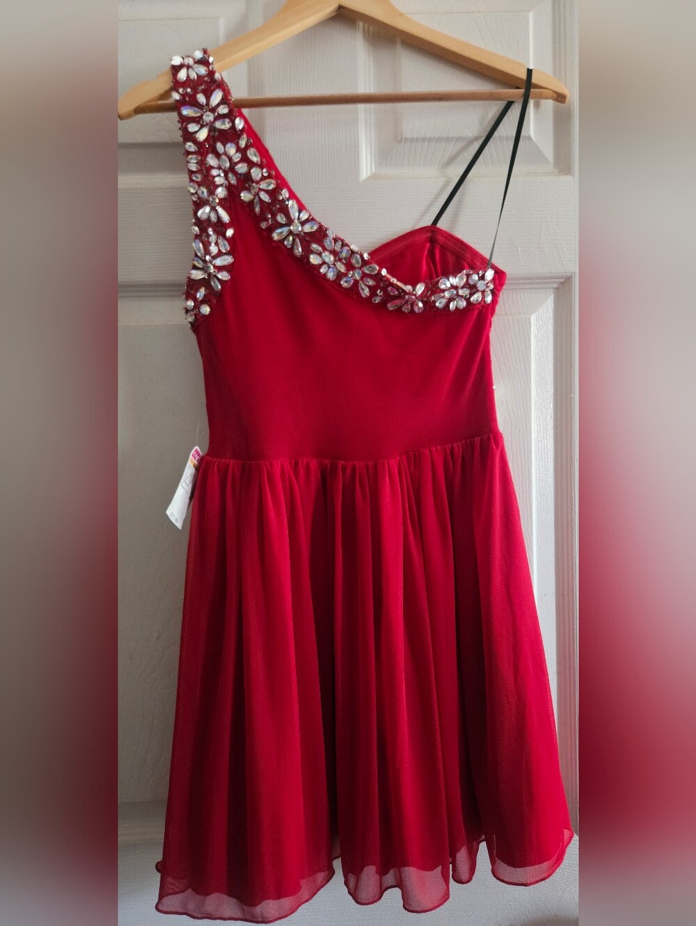 Red One-Shoulder Rhinestone Dress - Picture 2 of 3